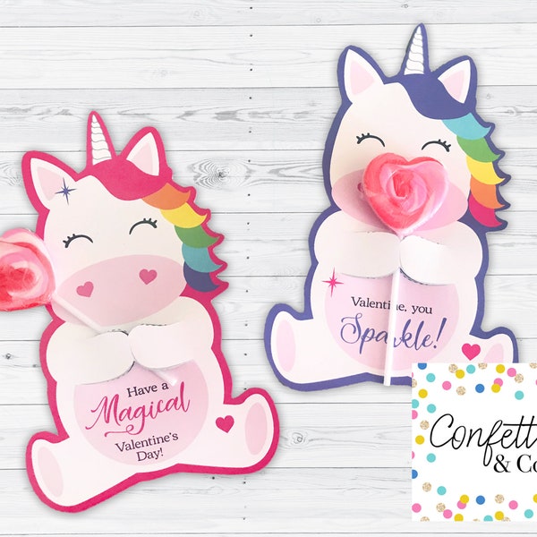 Unicorn Valentine Treat Holder Printable Cards, Girl Classroom Valentines Kids Valentine's Day Card Rainbow Unicorn Valentine PDF Printables