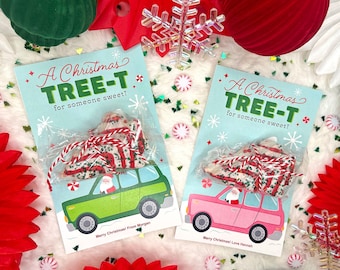 Afdrukbare traktatiekaart kerstboomtaart, traktatie in de klas voor kinderen, klasse vakantie partij gunst, instant download, cadeau collega, kerstman auto