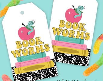 Printable Book Worms & Jitter Critters Gummy Worm treat tags for elementary class, instant download file, First Day of School Jitter Juice