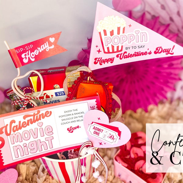 Printable Valentine Movie Night Gift Basket Flags, Retro Valentine's Day Pennants, Tween Teen Girl valentine gift, INSTANT DOWNLOAD PDF