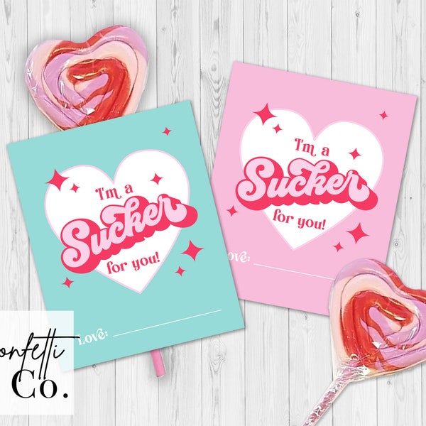 Retro I'm a Sucker For You Printable Valentine Cards, Lollipop Valentine Tags, Girls Valentine's Day Card, PDF Printables File