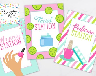 Enseignes imprimables de station de manucure, pédicure et soin du visage de fête d'anniversaire de spa, décorations de fête de spa, enseigne de soirée pyjama spa entre adolescentes