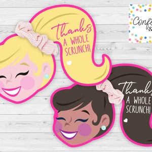 Lembrancinhas de festa de aniversário de Scrunchie, arquivo para impressão, cartões de agradecimento de Scrunchie para meninas, festa de aniversário de adolescentes adolescentes, etiqueta de presente, VSCO Girl