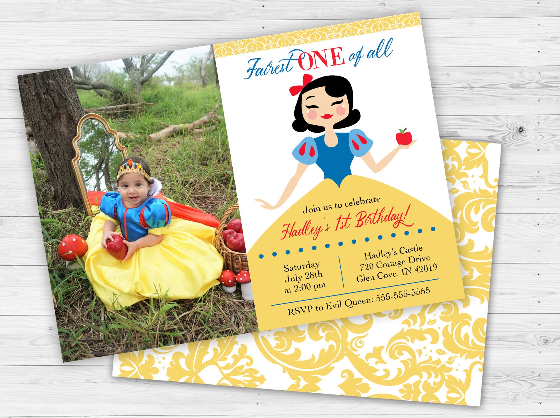 Snow White First Birthday Party Invitation, One, 1st, Digital or Printed