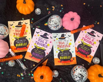 Bubble Wand Halloween-traktatiekaarten, afdrukbare Halloween-klastraktatie voor kinderen, Halloween-feestgunst, Instant Download, Toil and Trouble-tags