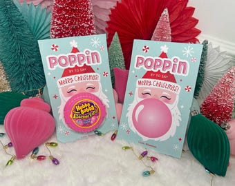 Tarjeta navideña imprimible con Papá Noel soplando chicle, descarga instantánea, detalle para niños en el aula, adorno para fiestas navideñas con cinta de burbujas