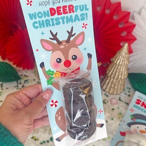 Op de afbeelding: Een kerstcadeaulabel met een cartoon rendier en de tekst "Hope you have a WONDEERFUL CHRISTMAS!". Het label bevat een pakket donkergekleurde lekkernijen.