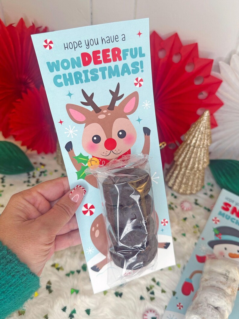 Op de afbeelding: Een kerstcadeaulabel met een cartoon rendier en de tekst "Hope you have a WONDEERFUL CHRISTMAS!". Het label bevat een pakket donkergekleurde lekkernijen.
