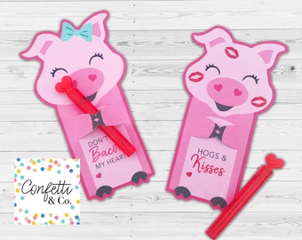 Pig Valentine Treat Holder Printable Cards, Candy Hugger, Girls Kids Valentine's Day Card, Hogs and Kisses Valentines, Cute Piggy Printables