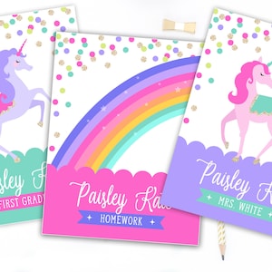 Personalized Unicorn Printable Binder Covers, Student Binder Cover Set, Unicorns School Supplies, Notebook Covers, Girl&#39;s Monogram Book