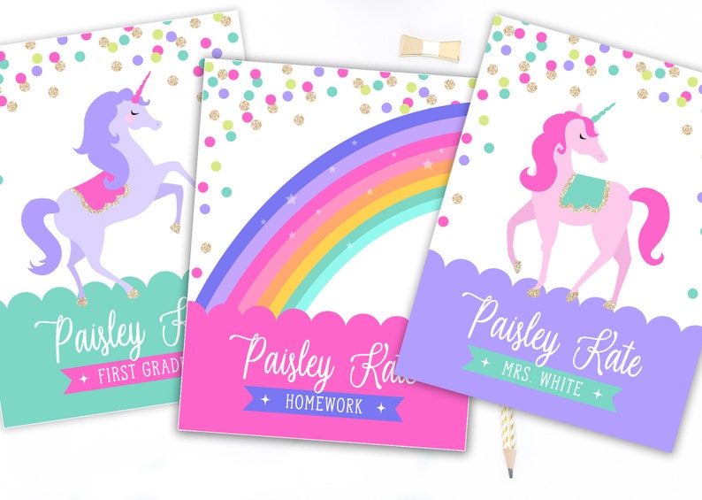 May include: Three colorful cards with unicorn and rainbow designs. The cards feature a white background with confetti and scalloped edges. Text includes "Paisley First Grade", "Paisley Homework", and "Paisley Kate Mrs. White".