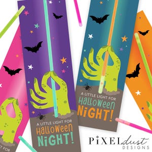 Cartões de suporte de bastão luminoso de zumbi de Halloween, guloseima de Halloween para impressão em sala de aula, um pouco de luz para a noite de Halloween Download instantâneo em PDF
