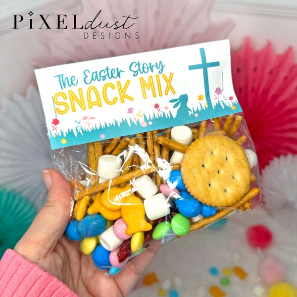 The Easter Story Snack Mix Printable Tag and Bag Toppers, Easter Basket Filler for Kids, Easter Treats, Instant Download PDF File, Scripture