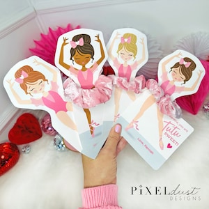 Ballerina Scrunchie Valentines, Tarjetas de San Valentín imprimibles, Niños San Valentín, Ballet chica San Valentín, Aula San Valentín, Descarga Instantánea PDF