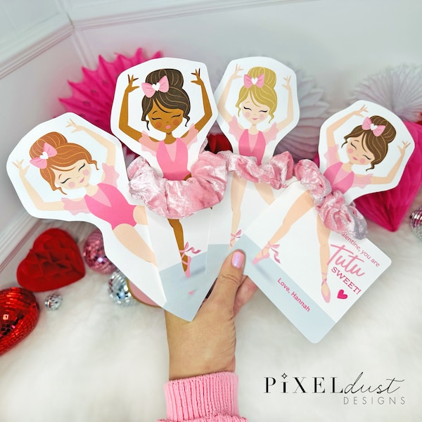 Ballerina Scrunchie Valentines, Printable Valentine Cards, Kids Valentine, Ballet girl valentine, Classroom Valentine, Instant Download PDF