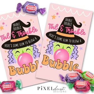Bubblegum heks Halloween afdrukbare tags, dubbele dubbele kaart zwoegen en problemen, klas Halloween-traktatie, kinderen Halloween-feestje gunst, pdf