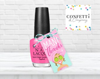 Cadeaux d'anniversaire pour fille brune au spa, merci, étiquettes-cadeaux de vernis à ongles fille, fichier imprimable, cadeau pyjama, préadolescents et ados