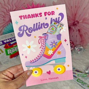 Lembrancinha de festa de aniversário de patins retrô, porta-guloseimas, cartões para impressão para crianças, lembrancinha de festa de aniversário de menina, arquivo PDF para festa de patinação