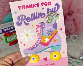 Cadeau de fête d'anniversaire patins à roulettes rétro, porte-bonbons cartes imprimables pour enfant, cadeau d'anniversaire fille, fichier PDF de fête de patinage à roulettes