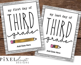 Printable First Day of School THIRD GRADE Sign, Back to School Editable Date, Instant Download PDF file, 3rd Grade pencil, Last Day Signs
