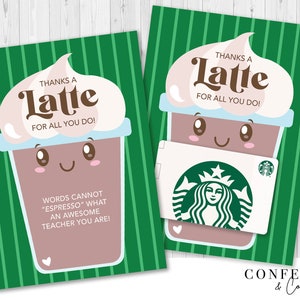 Thanks a Latte Teacher Appreciation Gift, Coffee Gift Card Holder, INSTANT DOWNLOAD Digital PDF File, Thanks a Latte, End of Year Gift