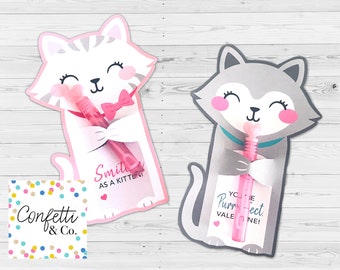 Kitten Valentine Treat Holder Printable Cards, Candy Hugger Card, Girls, Kids Valentine's Day Printables, Cute Cat Valentines, PDF File