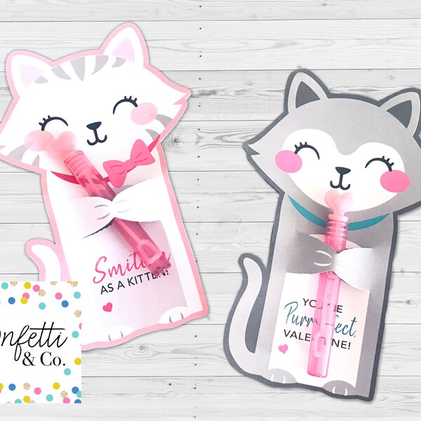 Kitten Valentine Treat Holder Printable Cards, Candy Hugger Card, Girls, Kids Valentine's Day Printables, Cute Cat Valentines, PDF File