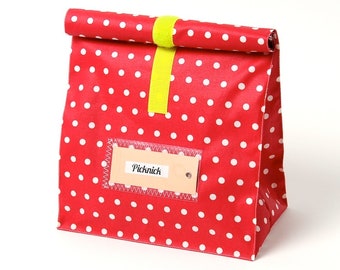 Toilet bag, swimming bag, large lunchbox, red-yellow with small dots, water-repellent