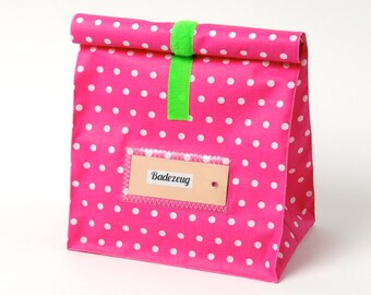 Bath bag, lunch bag large, pink, dots, coated cotton