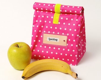 Bread bag made of coated cotton, pink with dots, water-repellent