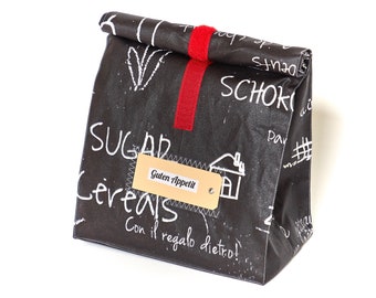 Lunchbag large/ bread bag/ black/ white/ table fabric/ coated cotton/ with lining/ water-repellent