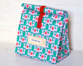 Lunchbag large, bath bag, green frogs on pink, coated cotton, water-repellent