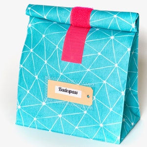 Lunchbag / bath bag large, turquoise, pink, graphic pattern, water repellent, lining image 1