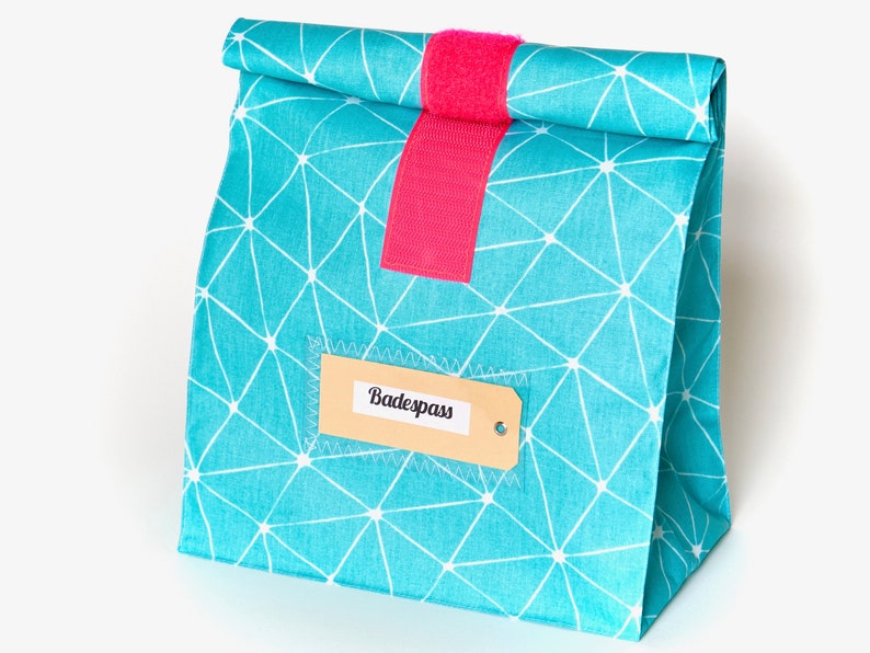 Lunchbag / bath bag large, turquoise, pink, graphic pattern, water repellent, lining image 1