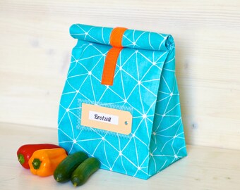 Lunchbox, breakfast bag, turquoise, graphic pattern, coated cotton, water repellent