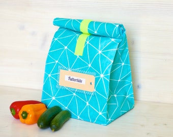 Lunch box, lunch bag, turquoise, graphic pattern, coated cotton, water-repellent