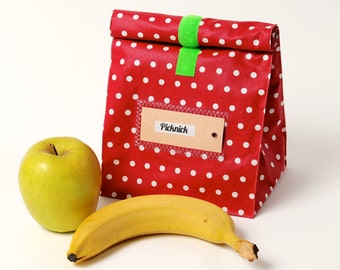 Lunch bag, bread bag, bag, red, coated cotton, water-repellent