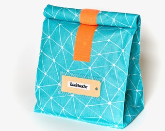 Lunchbag / Badetasche groß, türkis- orange, graphisches Muster, wasserabweisend von Lieblingsschnitte