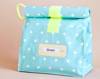 Lunchbag large, bath bag, turquoise with asterisks, water repellent