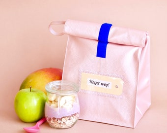 Lunchbag rosé- metallic aus Kunstleder mit Innenfutter, Frühstück to go