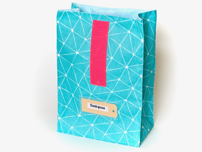 Lunchbag / bath bag large, turquoise, pink, graphic pattern, water repellent, lining image 2