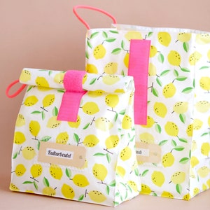 Large lunch bag, breakfast bag, toiletry bag, yellow lemons, coated, water-repellent