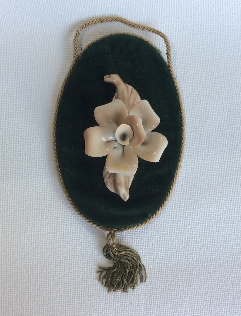 Vintage Flower Wall Art Rose On Green Velvet Tassel Etsy