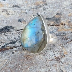 Fire Labradorite Gemstone Ring, 925 Sterling Silver Ring, Healing Ring, Handmade Pear Cabochon Ring, Boho Ring, Birthstone Ring, Gift Ring