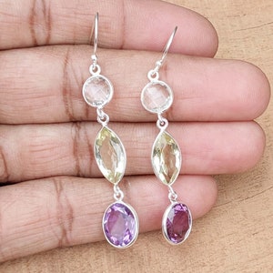 Citrine Gemstone, green Amethyst, Purple Amethyst Earring- Handmade 925 Sterling Silver Earring- Cheristmas Gift-Statement Earring.