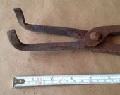 SALE Last one Hand forged tweezer tongs with duck bill end, blacksmith made, antique tools, man cave industrial rustic primitive pliers