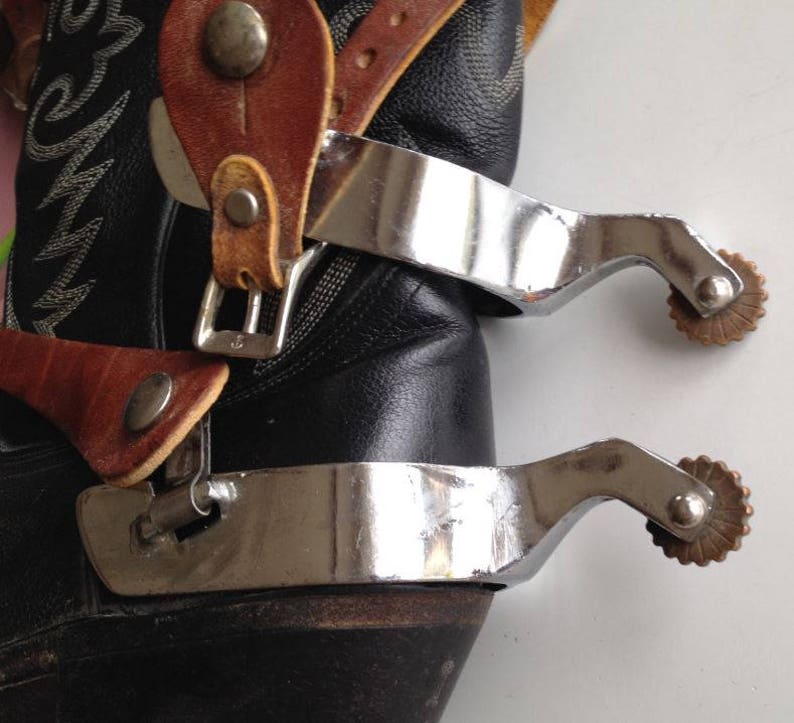 cowboy cowgirl rodeo Vintage heavy chrome over steel spurs with North /& Judd spur strap buckles shiny chrome in great shape brass rowels