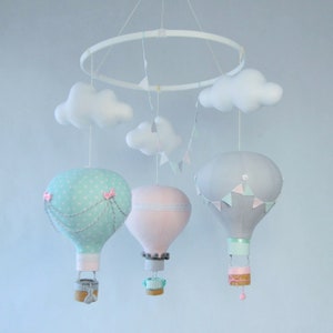 Pastel Hot Air Balloon Baby Mobile, Pink Mint Gray Travel Theme