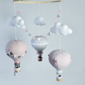 Hot Air Balloon Baby Mobile: Powder Pink, Gray Clouds Nursery Decor