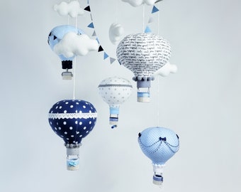 Mobile with hot air balloons and clouds for baby boy / Light blue navy blue gray mobile with travel theme / Adventure decor / Hanging mobile
